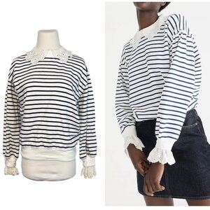 J. Crew XXS Blue Stripe 100% Cotton Lace Faux Layer Trim Long Sleeve Sweatshirt